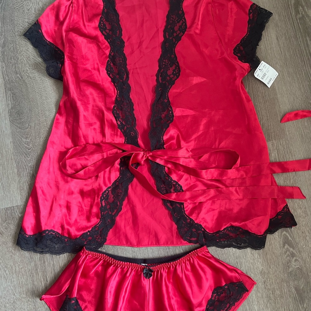 Frederick's of Hollywood Red and Black Satin Chemise with Lace Trim